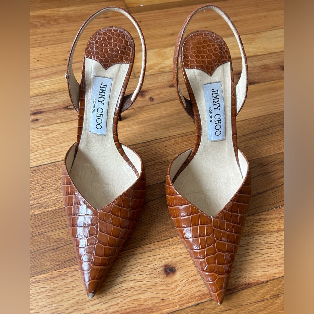 Jimmy Choo brown crocodile sling back mule heels size 6 very gently used
